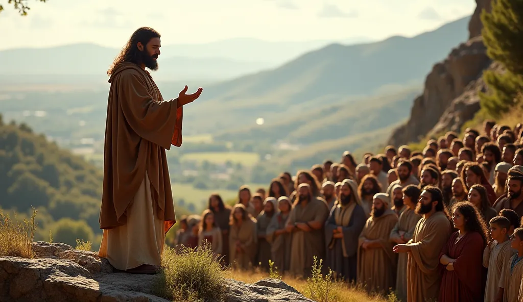 Realistic photo of Jesus of Nazareth preaching on a mountain to many people