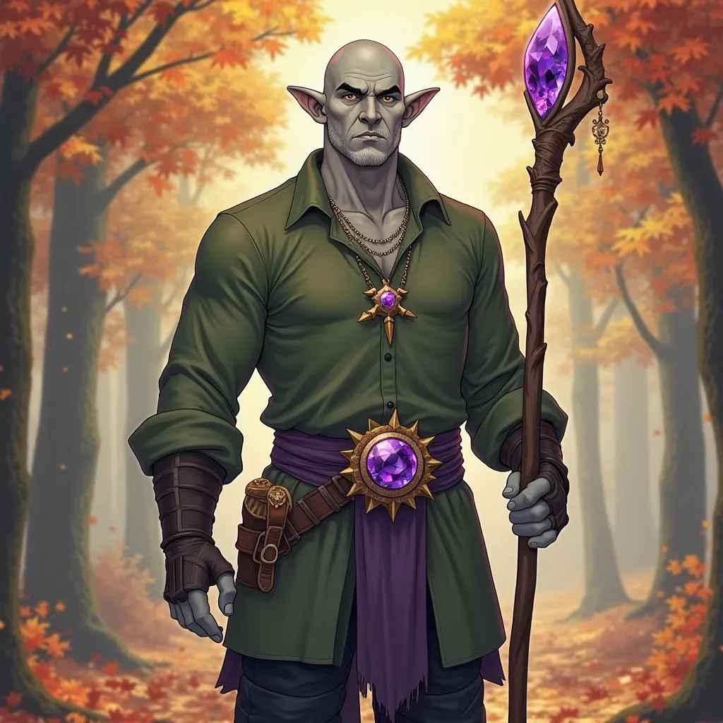 Create an image of a male firbolg, high, with wide shoulders and a wide chest, with almond brown eyes and a penetrating look.  It has a shaved head , a thin and perfect nose,  and well-designed lips . His skin is pale blue, And your ears are pointy.  he is...