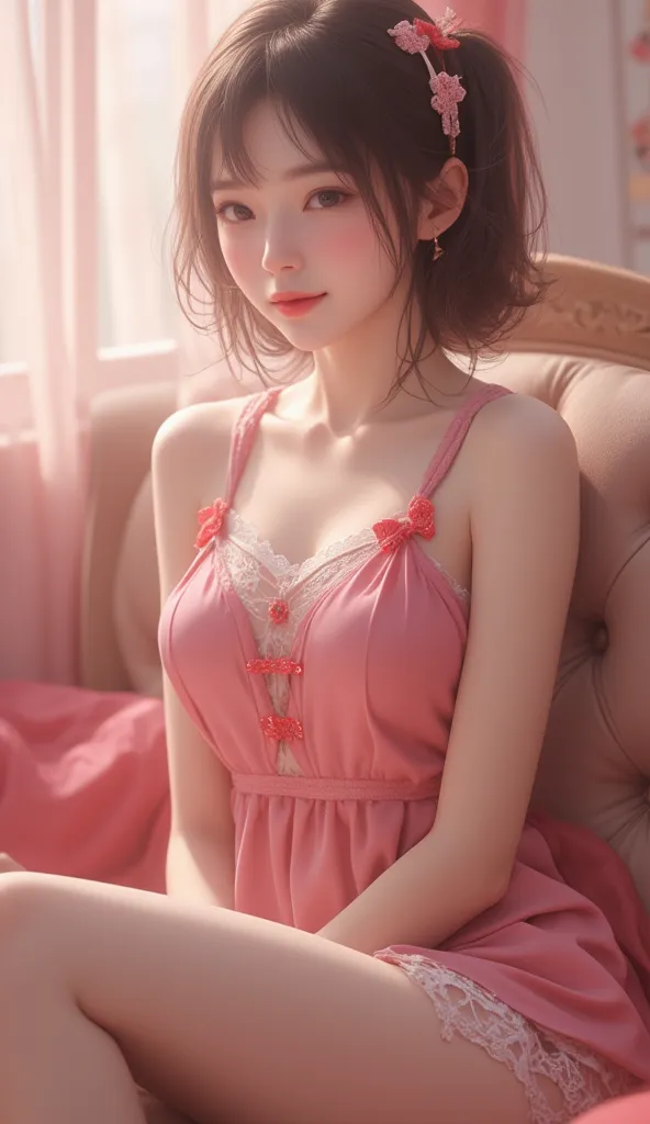  The scene is depicted in an amazingly realistic 32K ultra-high resolution , Ultra High Quality,   The sharp details and vivid texture stand out  ,  A realistic Valentine's Day themed image of a beautiful Japanese woman . Great photo work depicting the man...