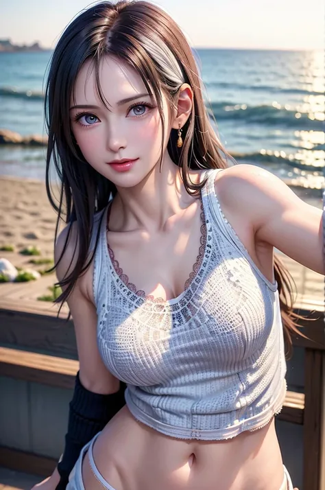 (((can be seen through))),(white tank top:1.5)、((Lace knitting:1.5))、((乳房がcan be seen through))、Chest Valley、The navel is visible、The figure of the seven heads、Small Face、1 girl,  so cute , amazing face and eyes, (Beautiful lovely smile), (very elaborate a...