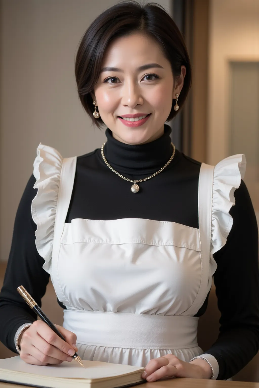 full body photo of an elegant 50-year-old Japanese woman, kind smile、(Facial wrinkles、 nasolabial fold:0.3)、Middle-aged appearance ,  front view、Maid Costume、I have a notebook in the hospital room、 Fine laugh lines are engraved on her face ,  Applying lips...