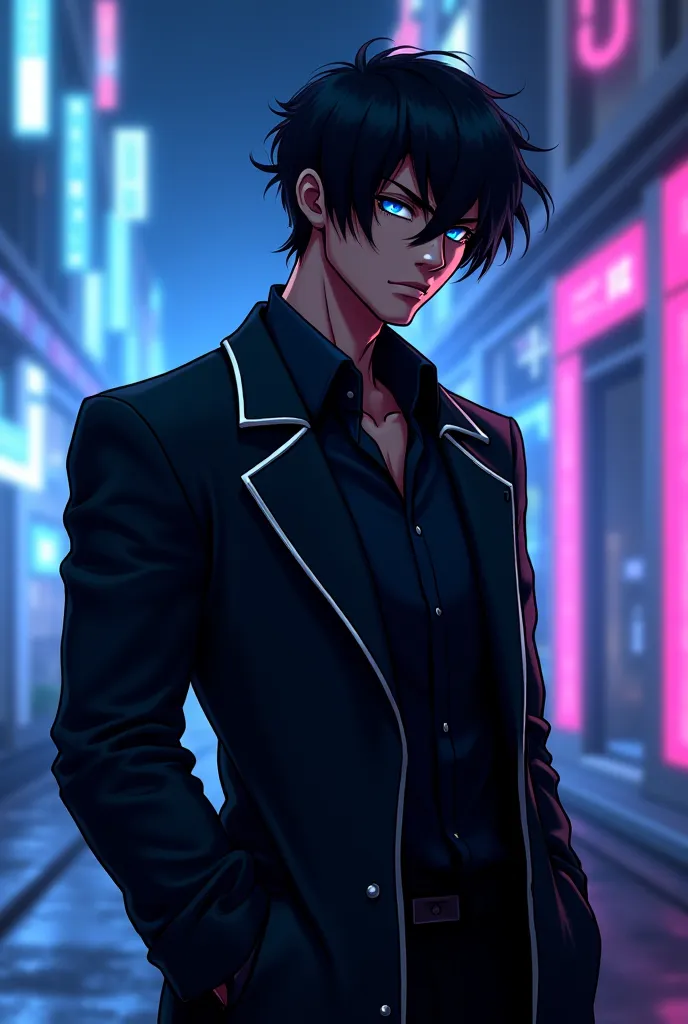 A digital portrait in anime style of an adult man, Tall and dark-skinned, with a cold and distant expression.  you have heterochromia , with an intense blue eye and the other deep black, which gives her a mysterious air. His black hair is long and wavy, fa...