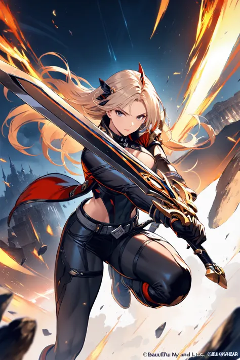 Official Art, Unity 8K Wallpaper, Ultra High Definition, 1 girl, (jump higher and dodge attacks:1.2), The sword in my hand draws an arc of fire, (Beautiful and intelligent face), masterpiece, best quality, muscular body ,Long hair that moves a lot, Fantast...