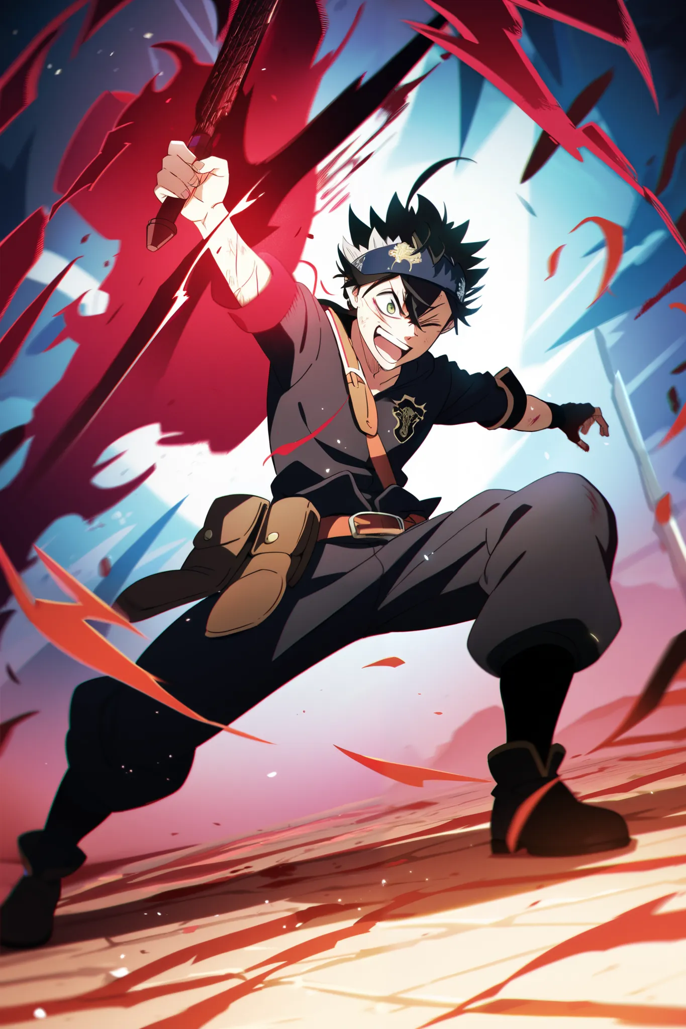 Asta Black clover, Big antimagic sword, black and red aura, half demonic form, One eye red, one eye green, half of the hair black and half of the hair grey, anime, manga, 4k, best quality, aesthetic, fighting, laughing, dark fantasy, blood, wounded