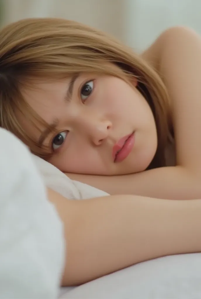 ( realistic:1.3、、 Ultra high definition、8K、 Japanese idol、 on the bed、 on your back with your head)、Side attention 、(( look at spectator:1.8))、( extremely realistic skin texture :1.4)、( realistic:1.3)、 short hair 、(( embarrassed expression:1.5))、(blonde:1....