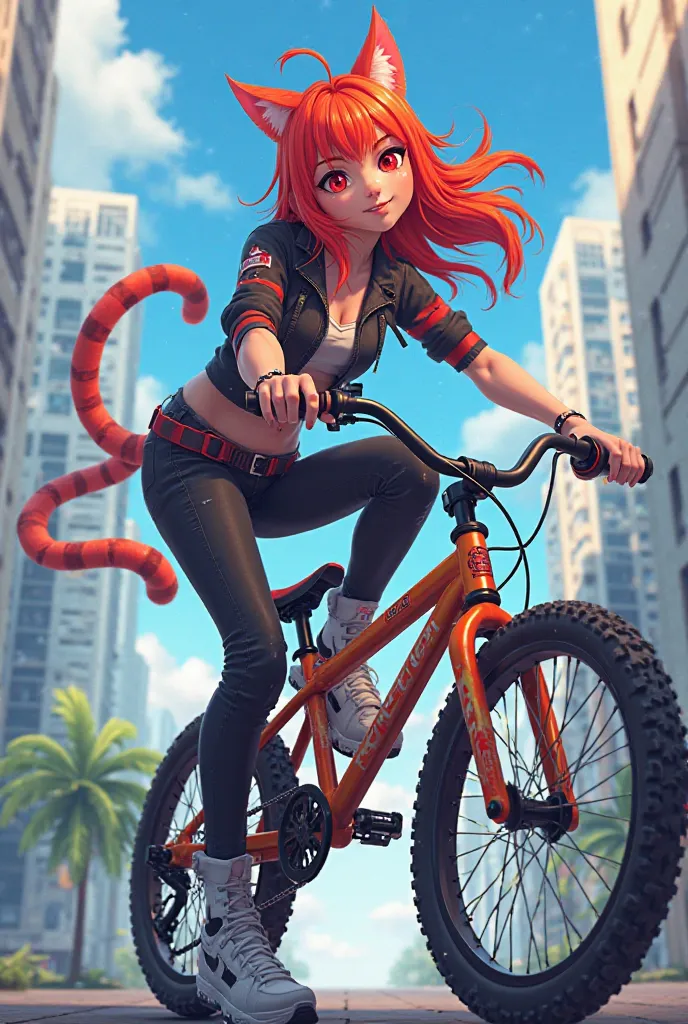 Anime cat girl on bmx posing red hair