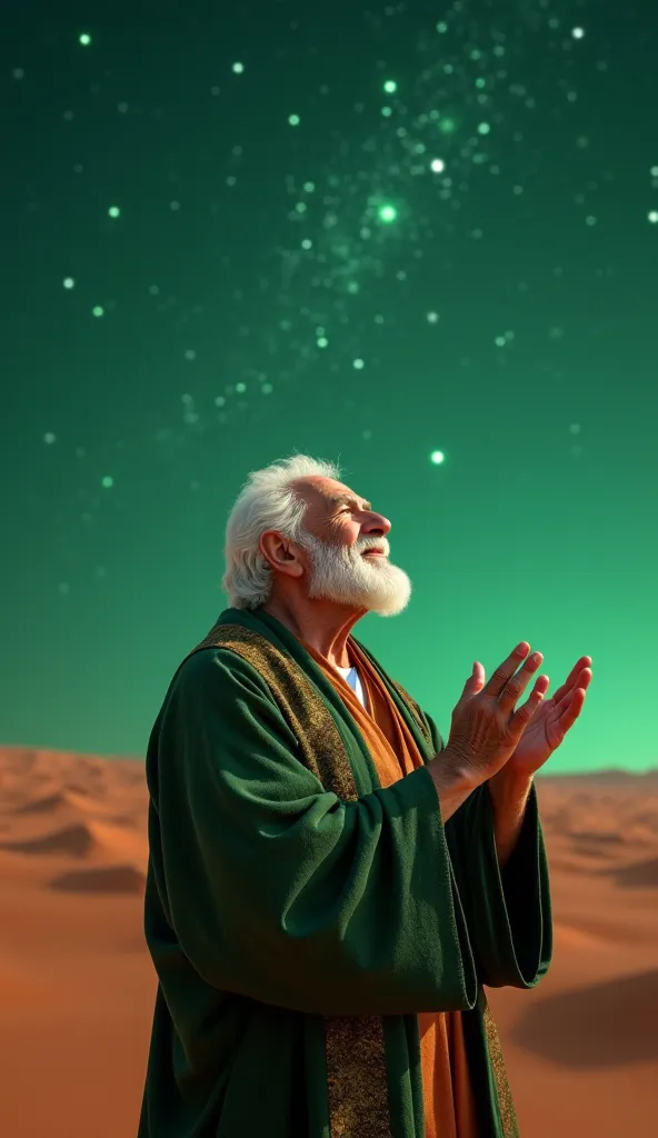 An old man with white hair and white beard looking up at the stars in the sky, Your tunic is forest green with a terracotta red stripe. Her face is happy and reverent, With your hands in the sky you are thanking for the blessings you received from God. The...