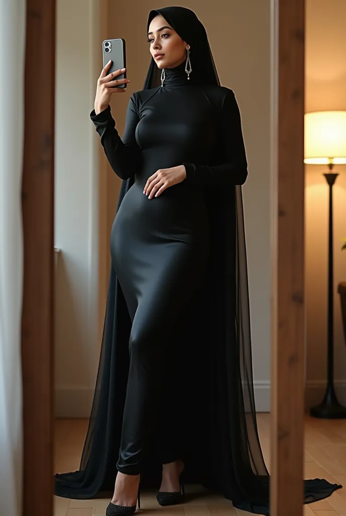 Fair skin young muslimah kim Kardashian busty booty slim thick curvy flaunts curves in extremely tight full sleeves full muslimah Ramadan dress. Head covered shoulder draped by long black sheer scarf. Extremely long earrings. High heels. Taking mirror self...