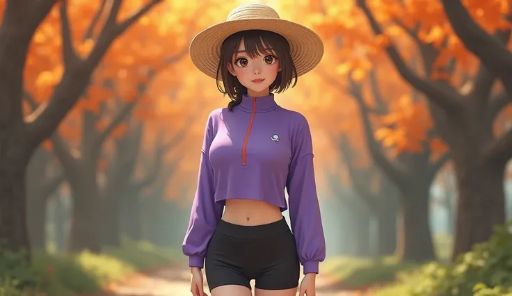 korean girl, 25 years old, body facing forward, round eyes, pony tile, sweet smile, huge breast, huge pussy, black  hotpants, perfect calf leg, purple sport shirt, straw hat, in the forest, background persimmon trees, realistic, 4k