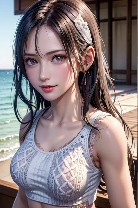 (((can be seen through))),(white tank top:1.5)、((Lace knitting:1.5))、((乳房がcan be seen through))、Chest Valley、The navel is visible、The figure of the seven heads、Small Face、1 girl,  so cute , amazing face and eyes, (Beautiful lovely smile), (very elaborate a...