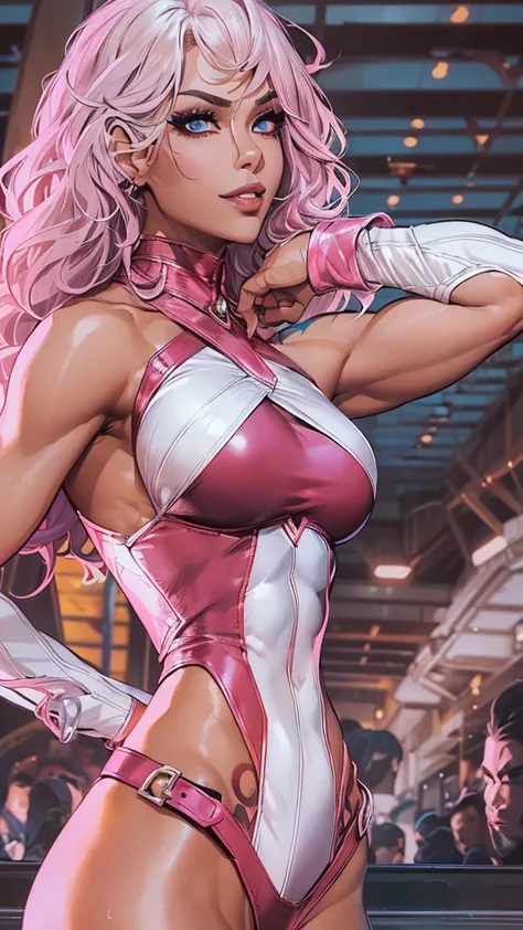 A gorgeous and stunning ((superheroine)), smirking, smiling, dominant, challenging demeanor, smug, teasing, tall, statuesque, imposing, towering, biceps, triceps, ((eight pack abs, extremely defined abs double bicep pose)), ((black and pink costume, leathe...