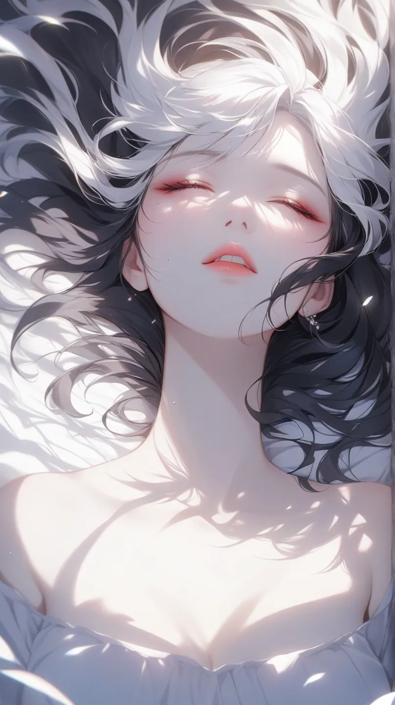  dark,caustics,colorful,  touch gorgeous light and shadow  ,full body,
 Girl's pale skin  ,Her lips are slightly open to see her teeth,And she opens her eyes dreamy. speckled light and shadow,portrait, white hair,   with dark hair, looks at one woman, 