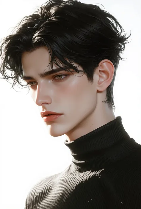 Boy, black hair, brown eyes, sharp features, white skin, light pink lips, handsome, perfect, elegant, detailed figure, wearing a sweater, sweater, high quality, clear bright colors.