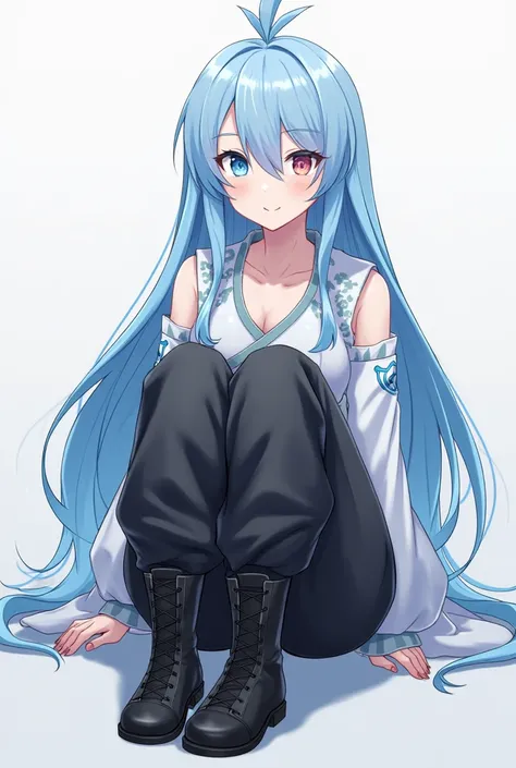 

I want you to make an image for me 
I want an anime girl, 2d, with sky blue hair, but a light blue, almost white, I want you to add some clothes that contain loose clothing from Japan, from being seen on the top and on the bottom you put on some bulging ...