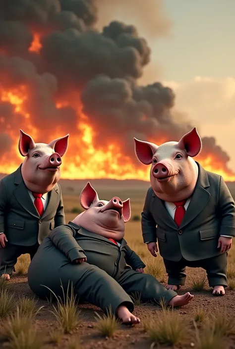 Three extremely fat pigs, the first in a suit, the second in a suit with a red star on the chest and the third in a judge's robe., Thrown on the ground, With Brazil on fire in the background