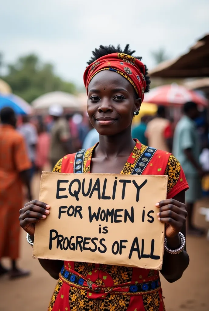 Generate an image of a strong and determined African woman, dressed in traditional attire, holding a sign that reads 'Equality for Women is Progress for All', standing in front of a bustling market or cityscape, symbolizing her role as a change-maker and l...