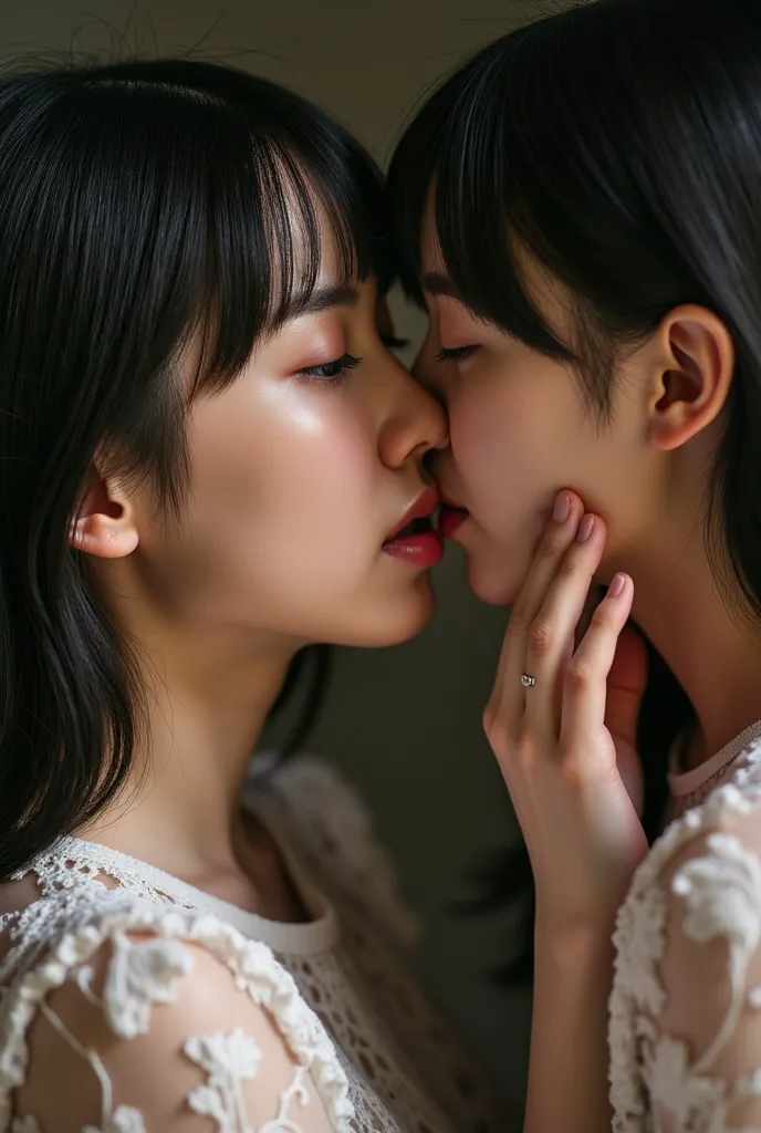 Korean woman is licking another girl's cheek