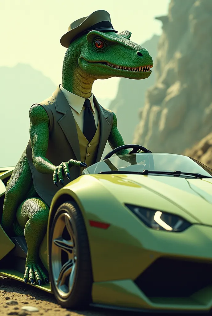 Slim skinny body, Green skin t-rex ,in ash colour suite with flat cap,driving a lambhogini car .anine cartoon ztke generate 