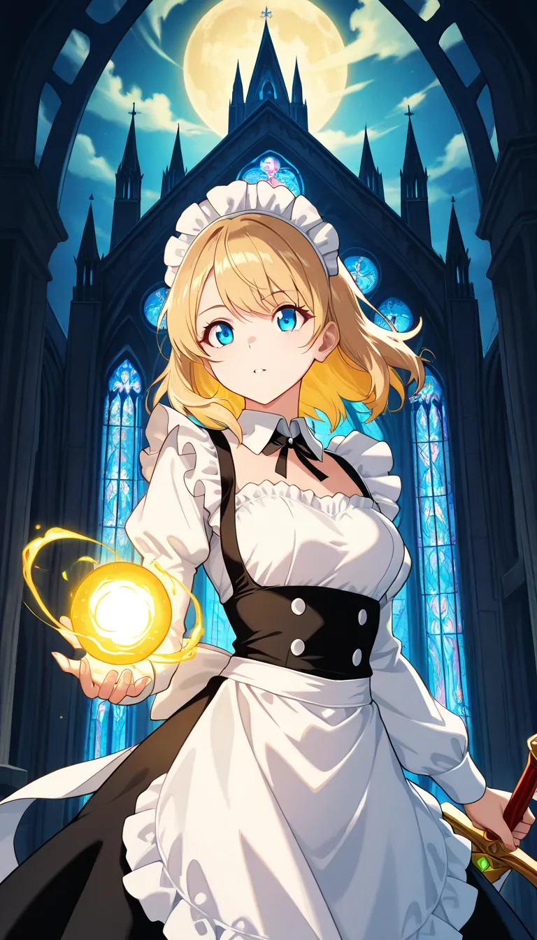 trk,masterpiece, best quality, anime-style illustration featuring a young woman with long, flowing blonde hair standing confidently in front of a towering cathedral. Her hair is depicted with exaggerated movement, flowing dramatically behind her as the win...