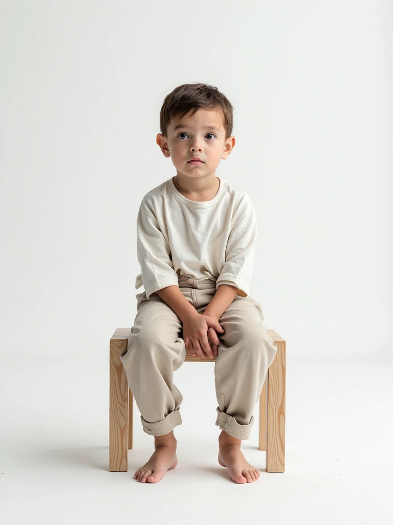 Petit garçon assis sur une chaise face caméra fond blanc réaliste 