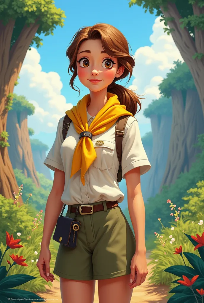 Disney-style cartoon of a 30-year-old white woman with light brown hair with a ponytail and dark brown eyes,She's wearing a white pathfinder's uniform with a yellow Boy Scout scarf 