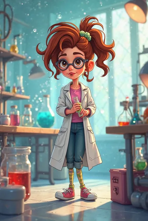 Deysi leg animated, easy to draw , but who looks like a scientist , and has a test bar in her hands .