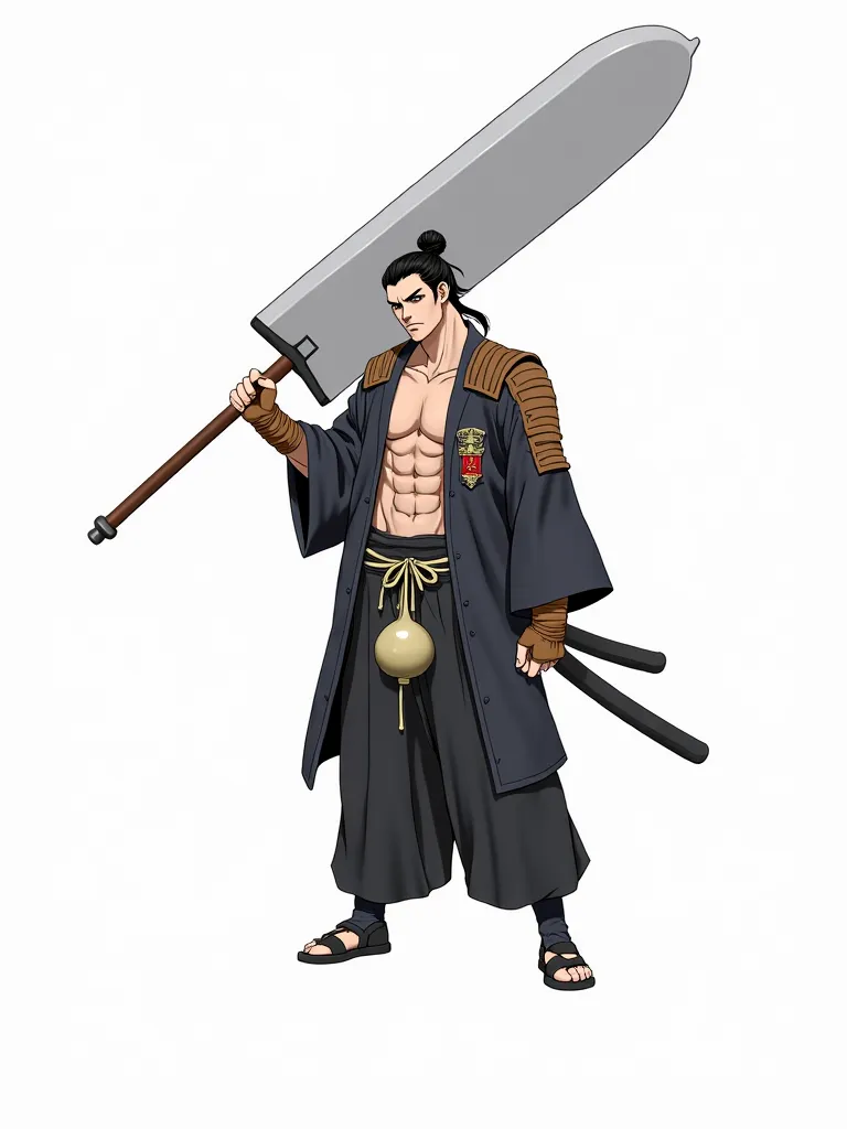 anime style, Tall and athletic man , brown skin, creepy black hair tied, Wide Face, Shihakusho preto, A gourd around the waist, brown samurai gloves and shoulder pads,