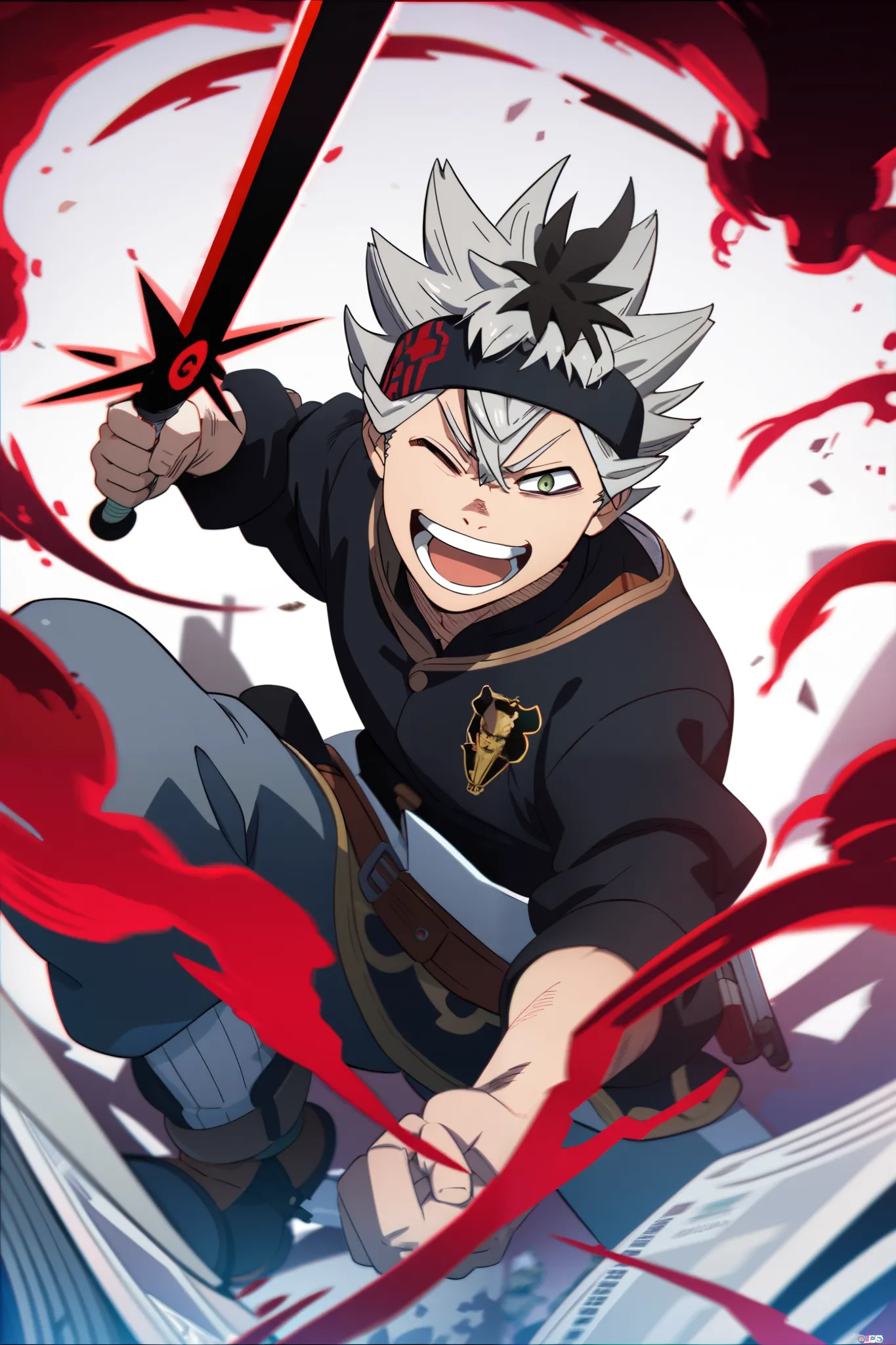 Asta Black clover, Big antimagic sword, black and red aura, half demonic form, One eye red, one eye green, half of the hair black and half of the hair grey, anime, manga, 4k, best quality, aesthetic, fighting, laughing