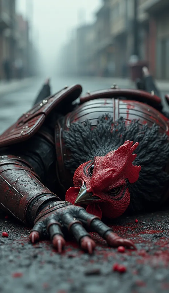 The samurai chicken with an athletic build groans, lying on the cold pavement. His dark red and black battle armor is scratched and dented from the battle. His face is bloody, he dying.