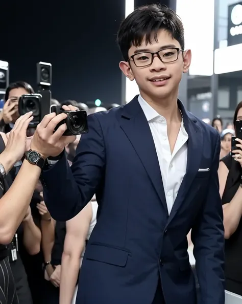 
"A famous young male superstar is walking on the red carpet in the flash light from numerous photographers, wearing a black suit fitted with a special cut, the latest collection from the luxury brand, decorated with striking details. A handsome face glows...