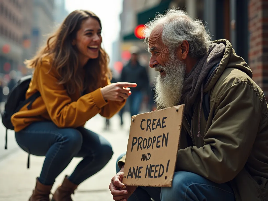 Girl laughing and pointing at a sad homeless man with the sign please money