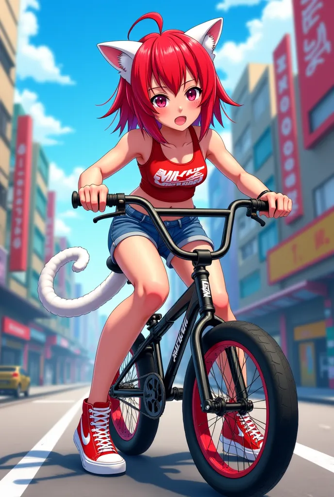 Anime girl on bmx posing red hair Nike high tops white cat ears and white tail