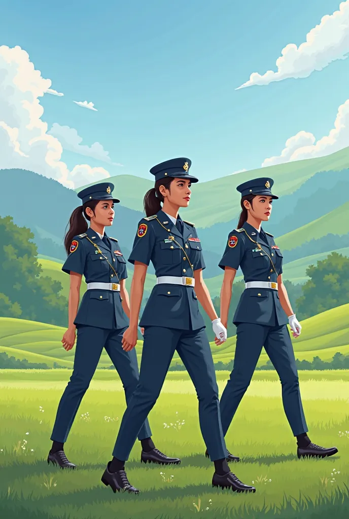 Kor kadet polis Malaysia logo and 3 girls kawad in the field