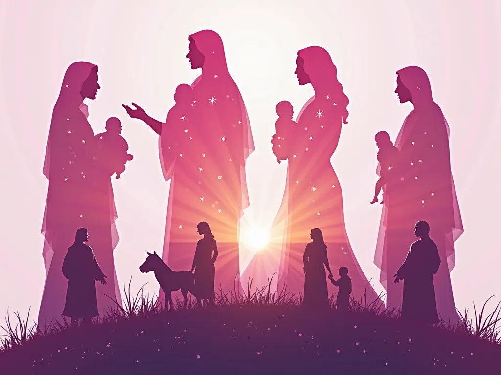 "A stunning digital illustration featuring layered silhouettes of four biblical women—Sarah, Ruth, Deborah, and Mary—arranged in a harmonious composition with shades of pink and purple. Each silhouette contains a symbolic scene: Sarah gazing at the stars a...