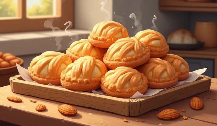 A tray of freshly baked almond pastries, made by Mara and Elara, ready to be sold in the neighboring town. cartoon type