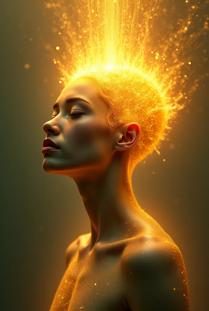  Gold head with unisex face expanding an intense light