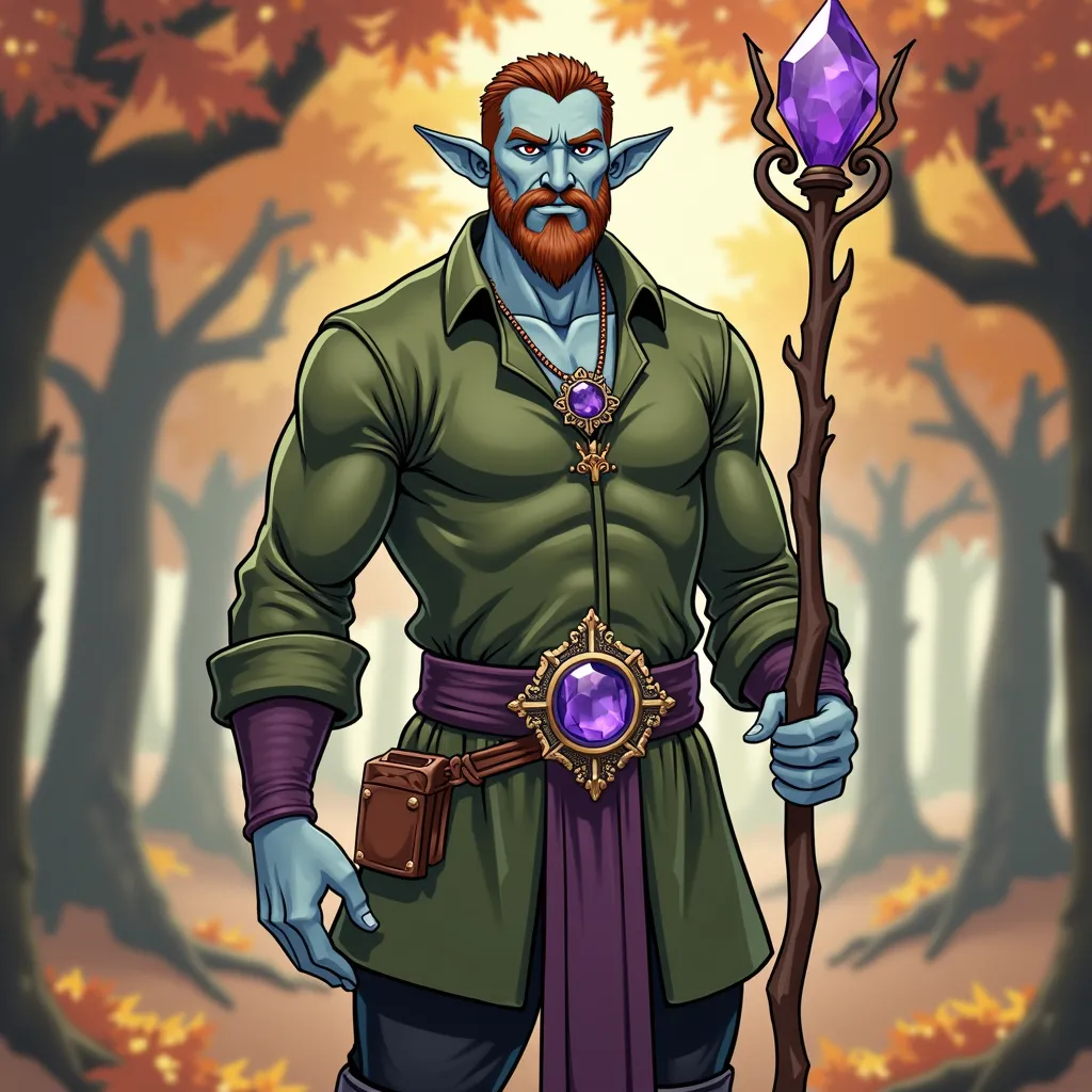 Create an image of a male firbolg, high, with wide shoulders and a wide chest, with almond brown eyes and a penetrating look. He has very short brown hair,  a beard by making , a thin and perfect nose,  and well-designed lips . His skin is pale blue, And y...