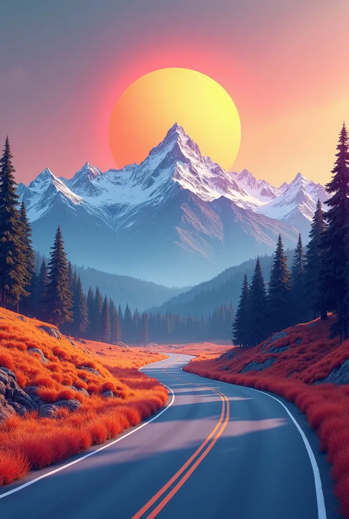 3D Art landscape featuring a scenic Road With mountain range with snow-capped peaks, a vibrant Fresh sky with a large sun positioned behind the mountains. A winding road cuts through the landscape and Trees , leading towards the mountains, creating depth a...