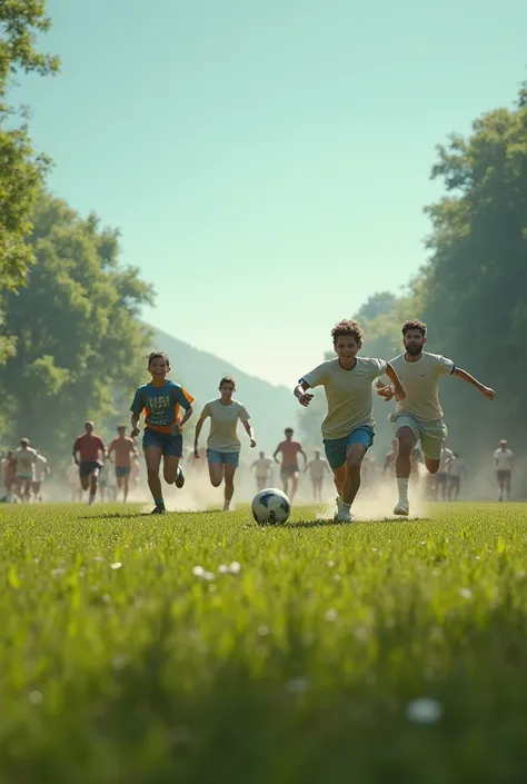 Create a realistic photo of people playing soccer in the distance