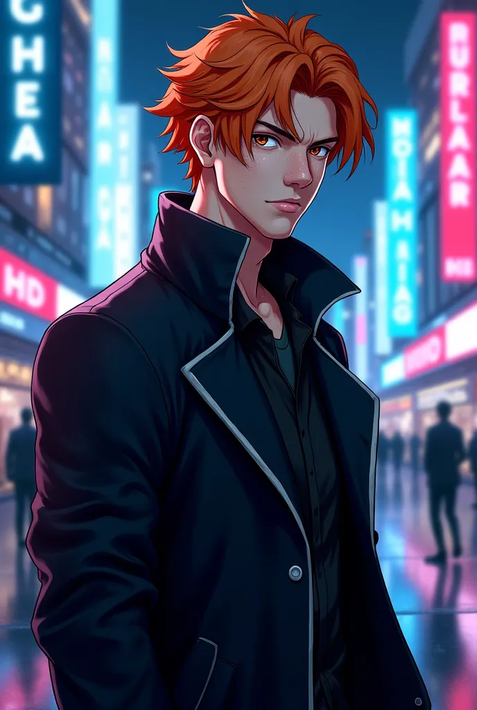 A digital portrait in anime style of an adult man, tall and light-skinned with subtle freckles on his cheeks and nose. His expression is cold and distant, with a serious and penetrating look.  His eyes are deep brown , reflecting determination and intellig...