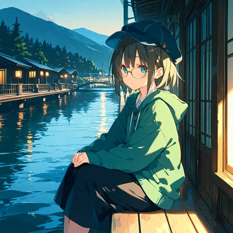 (masterpiece), (best quality), (ultra-detailed),artist:kokonoka, 1girl, short hair, cap, glasses, sitting, outdoors, very aesthetic illustration,cinematic lighting