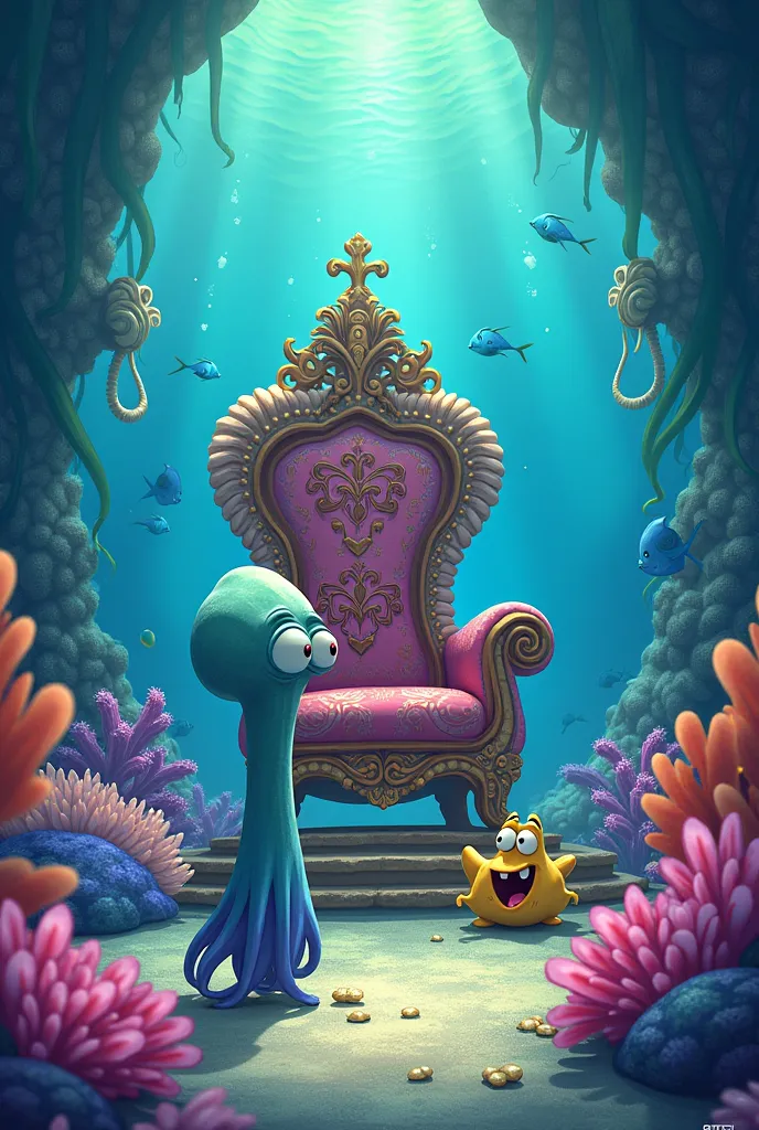 Squid clam looking at the throne of SpongeBob and Patrick's kingdom