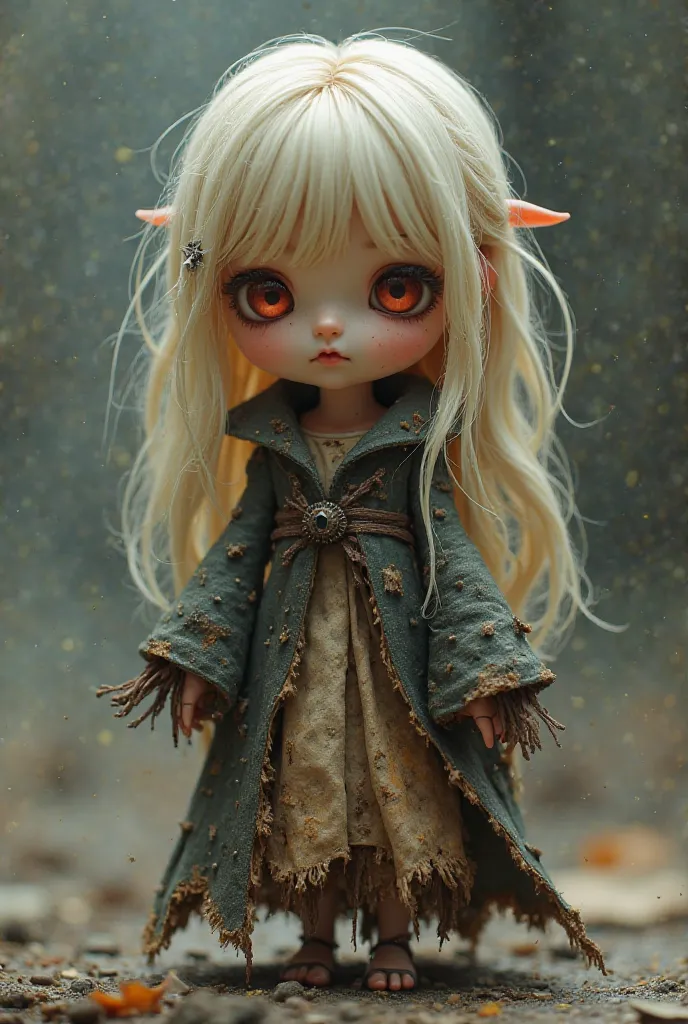 Style of female anime, small doll figure, light blonde hair, sad red eyes, dirty ragged fantasy wizard costume, 