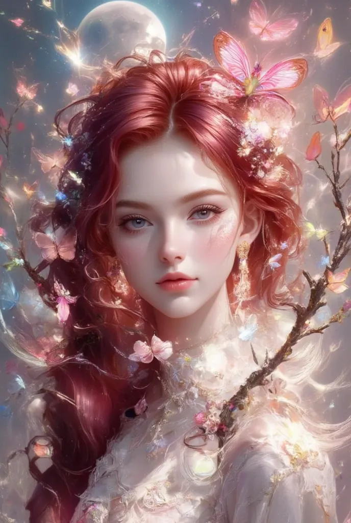 hyper realistic digital artwork of a woman with vibrant red hair adorned with an array of colorful flowers and butterflies. The background should feature a glowing full moon and a starry night sky, along with branches covered in blossoms. The overall compo...