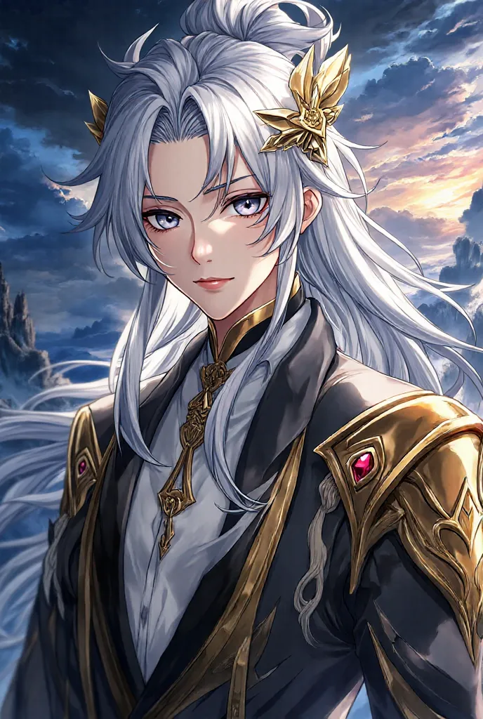 full body image, handsome protagonist xianxia, long silver hair, accessories like mini claw on hair, handsome face (mature on range 20-25 yo), golden arm, detailed character portrait, fantasy style, dramatic chiaroscuro lighting, epic fantasy landscape bac...