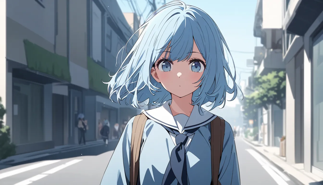 ultra high definition simple white background cute girl 　 light blue hair straight short haire　lementary school student solo 　She turned left while walking down the street