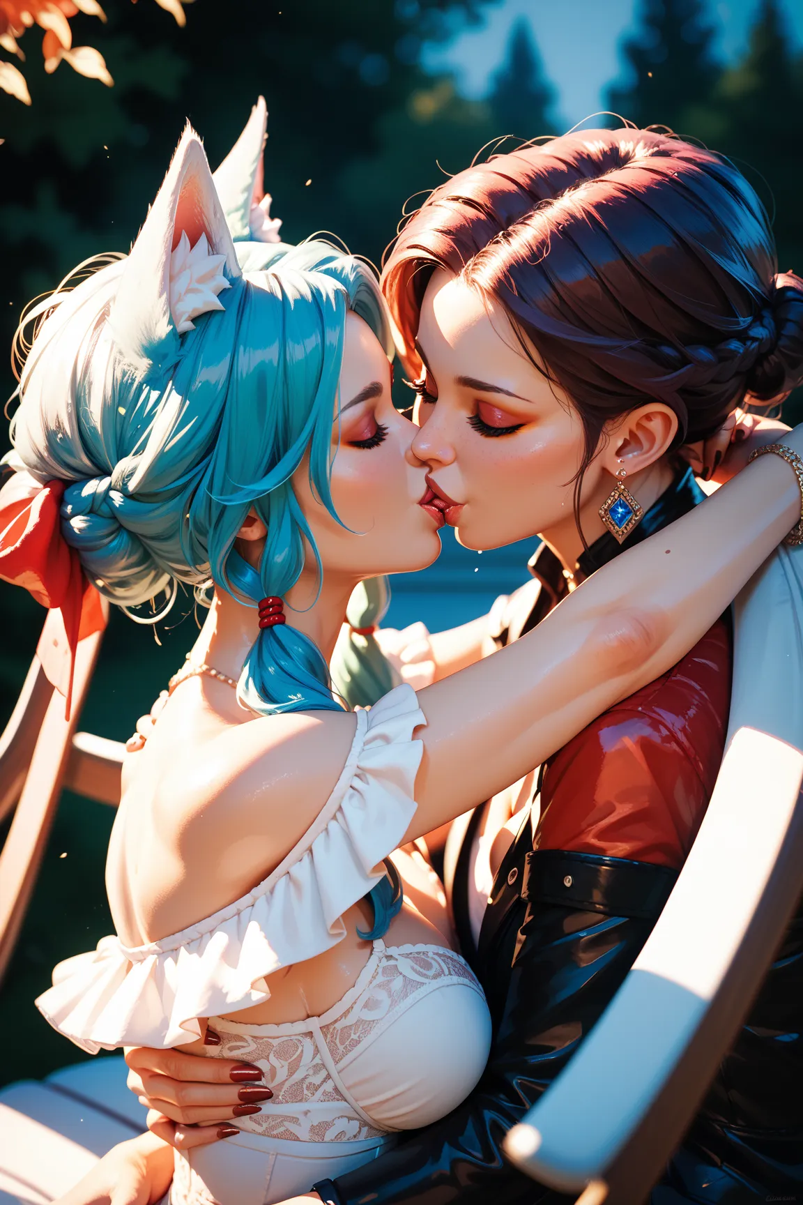 fox girls, lesgian, kissing