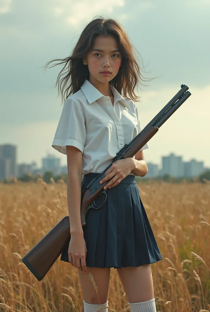 outdoors, A young girl standing in a slightly windy environment. A classic school uniform on her top—white shirt, short pleated skirt and socks above the knee. Holding a shotgun with a short barrel in her hand, her gaze is determined and confident. Impress...