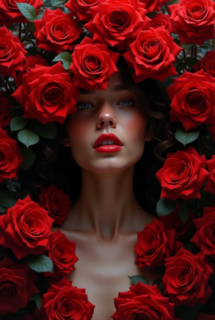 A woman with a lot of red roses so that her face is not visible