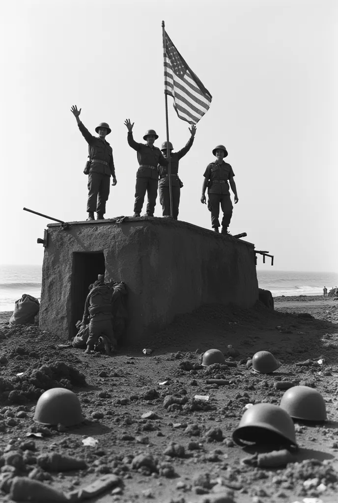 "After hours of fighting, soldiers stand atop a captured bunker, waving to their comrades below. The beach behind them is littered with debris, abandoned helmets, and destroyed vehicles. The American flag waves in the distance."
